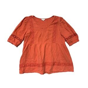 OTT Orange Gauzy Cotton Lace Trim Cotton Babydoll Top L Large Boho‎
